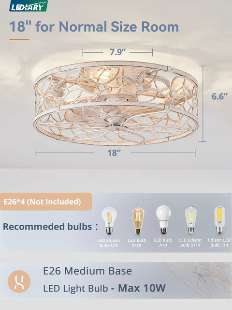 Total Game Changer Caged Ceiling Fan With Bright Light And Remote, Flush Mount Fandelier, 18-inch white and gold design.