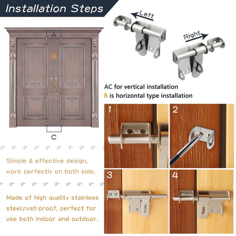 Installation steps for ROFAVWKTI Stainless Steel Latch Lock for Wooden Garden Gate, showing horizontal and vertical fittings.