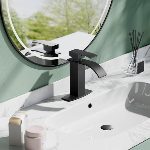 Matte Black Waterfall Bathroom Faucet With Pop Up Drain And Deck Plate RV Vanity Vessel Sink Faucet With Single Handle For One Or Three Hole