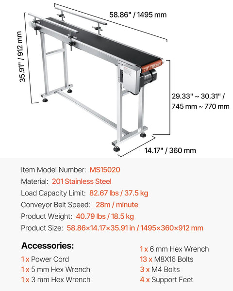 Sturdy Stainless Steel Motorized Belt Conveyor Table 59x7.8 Inch With PVC Anti Static Belt Adjustable Speed Double Guardrails