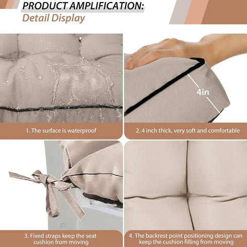 Outdoor Swing Cushions For 3 Seater Waterproof Porch Replacement With Backrest 4 Inch Thick Pearl Cotton Fill Ties 70 Inch Bench Cushion For Backyard Patio Lawn Garden Khaki - detail display of features including waterproof surface, 4-inch thickness, fixed straps, and backrest support
