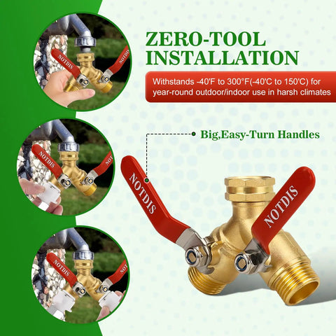 Heavy Duty Brass Hose Splitter Two Way With Full Flow Y Valve And 304 Stainless Steel Long Handle For Outdoor Garden Watering No Fuss Leak Proof Three Quarter Inch GHT Threads, brass splitter