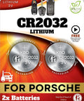 Two Pack CR2032 Key Fob Batteries For Porsche Quick Clean Swap including 911, 718 Boxster, Cayenne, with child safety marking.