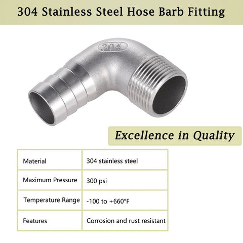 304 Stainless Steel Hose Barb Fitting 1 Inch Barbed To 1 Inch NPT Male 90 Degree Elbow For Water Fuel And Home Brew Pipe Fittings Pack Of 2 Heavy Duty Air Hose Adapter