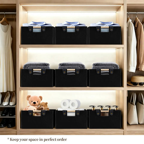 Heavy Duty Foldable Storage Baskets In Matte Black With Chunky Wood Handles Rectangle Linen Cube Organizer Box neatly stacked on shelves.