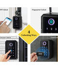 Smart Fingerprint Key Lock Box With Bluetooth Access TTLock App Control Shared Ekey showing app, fingerprint, password, card unlock options.