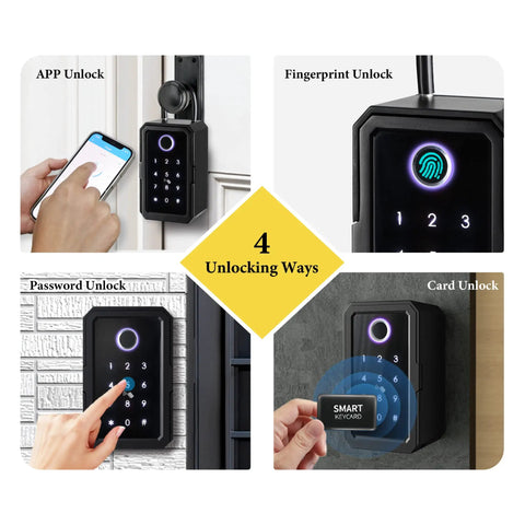 Smart Fingerprint Key Lock Box With Bluetooth Access TTLock App Control Shared Ekey showing app, fingerprint, password, card unlock options.