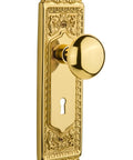 Egg And Dart Privacy Plate With Keyhole And New York Knob, Two And Three Quarters Backset, Polished Brass, Solid Forged Brass Plates