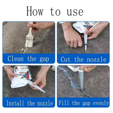Steps to use Heavy Duty Concrete Crack Repair Adhesive For Outdoor Use Waterproof And Weather Resistant Crack Filler Dries Fast Seals Concrete Masonry And Stone Cracks Deeply Perfect For DIYers And Renovations Black 200g.