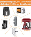 Cord organizer with sticky backing for air fryer, microwave, coffee machine, kettle, and stand mixer, center view.