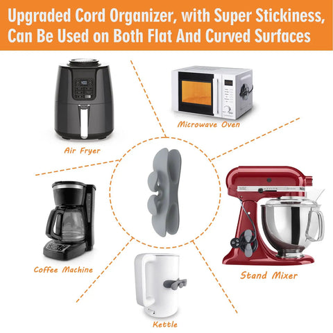Cord organizer with sticky backing for air fryer, microwave, coffee machine, kettle, and stand mixer, center view.
