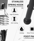 Close-up of stainless spring hook and foot pads from 3-Seater Outdoor Porch Swing With Adjustable Backrest And Canopy.
