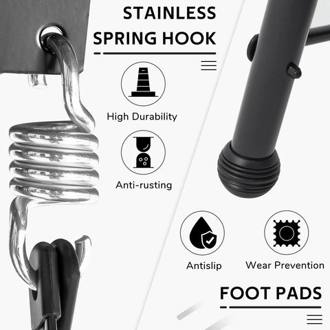 Close-up of stainless spring hook and foot pads from 3-Seater Outdoor Porch Swing With Adjustable Backrest And Canopy.