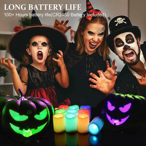 Lit Color Changing Flameless Votive Candles With Timer Set Of 10 displayed with Halloween decor and pumpkins.