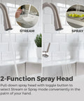 Barulli Kitchen Faucet With Pull Down Sprayer And Soap Dispenser, Single Handle, High Arc, Spot Defense Stainless Steel Finish, Easy Dock MagnePfit System For Busy Kitchens showing two spray modes