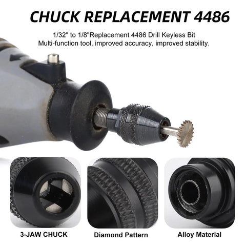 Close-up of drill keyless chuck bit replacement for rotary tools showing 3-jaw chuck, diamond pattern, and alloy material.