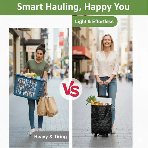 Comparison of a woman carrying bags versus using a 2 In 1 Foldable Shopping Bag With Wheels And Telescopic Handle Reusable Eco Friendly Shopping Cart Tote For Women And Seniors Portable Black Checkered Pattern Lightweight Durable With Grab And Go Convenience For Everyday Errands, highlighting ease and comfort of the shopping cart.