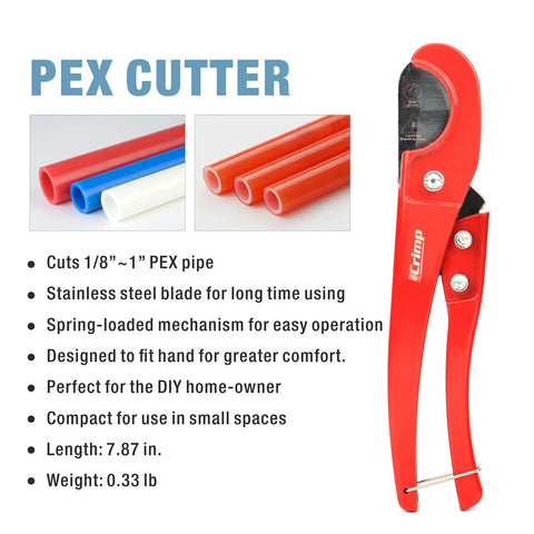 Heavy Duty PEX Clamp Cinch Tool for Three Eighths Inch To One Inch Stainless Steel Clamps Meets ASTM F2098 with Pipe Cutter