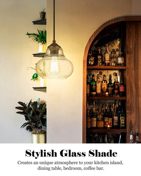 8 Inch Seeded Bubble Glass Pendant Light Fixture With Hand Blown Shade in kitchen with oil rubbed bronze finish.