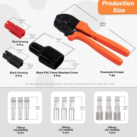 Diagram showing Beefed Up Ratcheting Wire Crimping Kit with sizes for Powerpole connectors and crimper specifications.