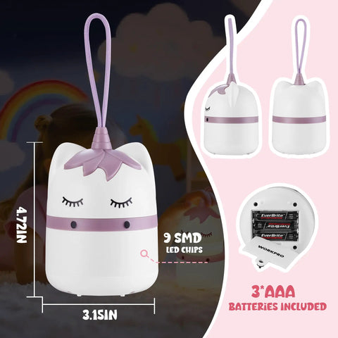 Two Pack Unicorn Themed Kids Camping Lanterns With RGB Multicolor Lights Battery Powered With Handy Lanyard, front view