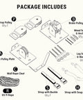 Diagram showing parts included in the Ladder Hoist For Garage Ceiling Storage Beefy All Steel Pulley System Holds 150 Lbs 5.5 Inch Low Profile Self Locking Lift Parallel Or Perpendicular Mounting.