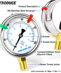 Stainless Steel Liquid Filled Pressure Gauge 0-100 Psi, 2.5 Inch Dial, 1/4 In NPT, Lower Mount with brass thread joints and dial details