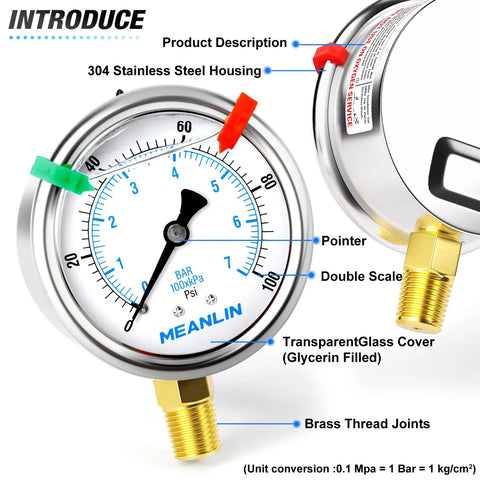 Stainless Steel Liquid Filled Pressure Gauge 0-100 Psi, 2.5 Inch Dial, 1/4 In NPT, Lower Mount with brass thread joints and dial details