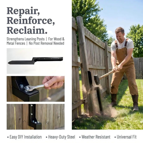 Man using Beefy Heavy-Duty Fence Post Repair Kit Four Pack With Sturdy Anchors And Stabilizers for leaning wood post