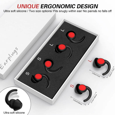Box of soft silicone sleeping ear plugs with two size options, S and L, NRR 25 to 33 dB, ergonomic design for noise reduction, 2 pairs.