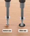 Push On Internal Tooth Star Lock Washers Kit enhancing bolt fit, showing difference before and after use on wood surface