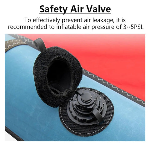 Safety air valve on inflatable wing foil for windsurfing and kitesurfing, ensuring durability and easy inflation