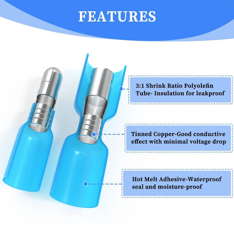 320 Piece Heat Shrink Bullet Connectors Kit With Female And Male Terminals Insulated Waterproof Electrical Marine Crimp Automotive Connectors Durable Marine Grade Weatherproof Splice Protectors For Fast Secure Connections In Cars Boats And RVs, showing blue connectors with labeled features.