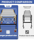 Product comparison image showing Heavy Duty 1250 Lb Expandable Conveyor Roller 24 Inch Wide with larger size vs smaller model.