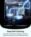 Premium countertop nugget ice maker showing internal self-cleaning system with dual water pumps for cleaner ice.