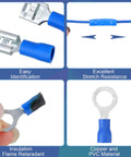 Close-up of 1200 Pcs Cold Shrink Insulated Electrical Wire Connectors Kit showing spade, ring, insulation, and copper PVC material.