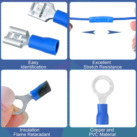 Close-up of 1200 Pcs Cold Shrink Insulated Electrical Wire Connectors Kit showing spade, ring, insulation, and copper PVC material.