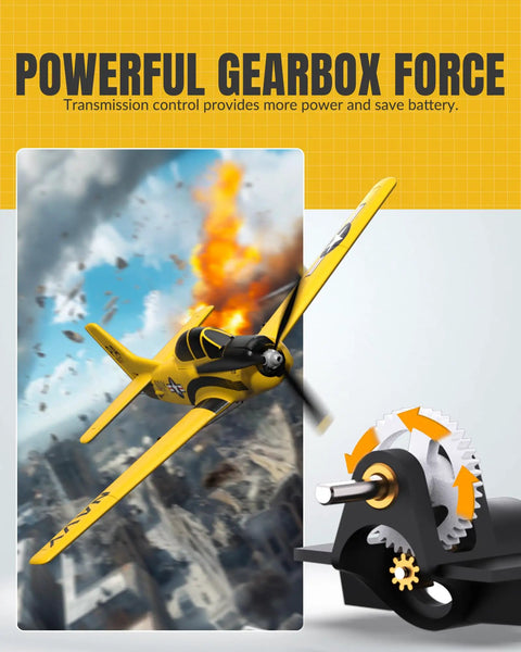 Beginner Friendly RC Plane T28 Trojan Warbird With Aileron 4CH in flight with gearbox detail, 76109 Yellow.