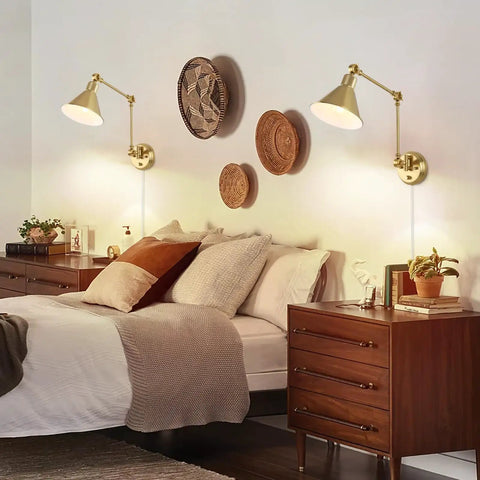 Bedroom with Brushed Brass Plug In Wall Sconce With Remote, Dimmable LED, Swing Arm, Adjustable Color Temperature 2700K To 6500K