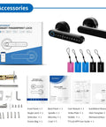 Smart Lock Fingerprint Door Lock With App Control No Fuss And 5 In 1 Keyless Entry Including Anti Peep Password IC Card USB Backup Key And Physical Key Auto Lock Easy DIY Install For Home Apartment And Co Working Spaces accessories layout including lock components, IC cards, and installation guides.