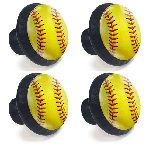 Straight Fire Softball Cabinet Knobs Four Pack Featuring Bright Yellow Leather Texture With Classic Red Stitching Hardware, 1.37 inches.