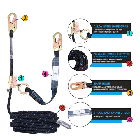 Heavy Duty Fifty Foot Vertical Lifeline Assembly With Rock Solid Alloy Steel Rope Grab And Shock Absorbing Lanyard For Roofer Fall Arrest Safety Kit Fully Osha Approved components detailed image.