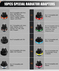 10 special radiator adapters for No Sweat Radiator Pressure Tester Kit for various vehicle models and makes.