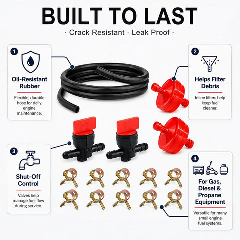 1/4 Inch Fuel Line Hose Kit With Clamps, Valve And Filters For Mowers, Tractors, AtVs, Snowblowers And Dirt Bikes, Universal Fit Rubber Tube 6.56 Ft Long To Kill That Leak And Keep Y Our Ride Smoothing Smooth, black fuel hose, filters and clamps