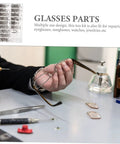 Person holding eyeglass frame with Assorted Eyeglass Repair Screws Kit For Sunglasses And Watches on desk, tools visible.