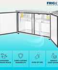 Hella Solid Heavy Duty Sixty Inch Two Door Undercounter Refrigerator In Silver For Commercial Kitchens Featuring Straight Shooter Cooling With Smooth Liftgate Freight Delivery, doors open showing shelves.