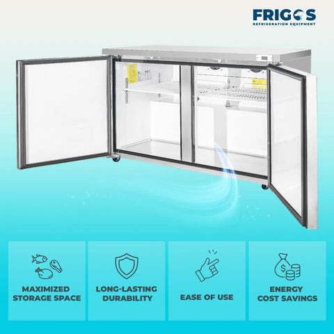 Hella Solid Heavy Duty Sixty Inch Two Door Undercounter Refrigerator In Silver For Commercial Kitchens Featuring Straight Shooter Cooling With Smooth Liftgate Freight Delivery, doors open showing shelves.