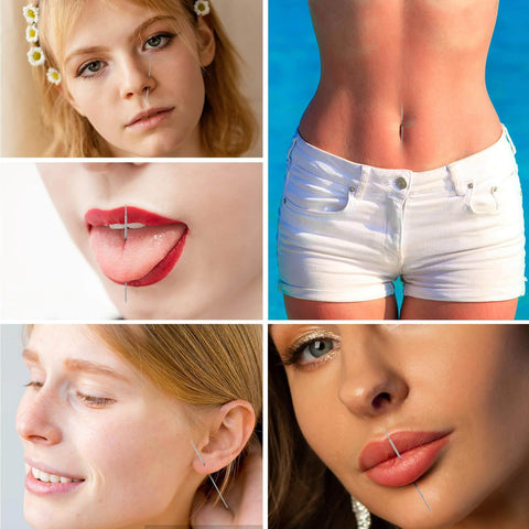 Six Pack 20G Piercing Taper Insertion Tool Set For Flat Back Earrings, shown in use on various piercings like lips and ears.