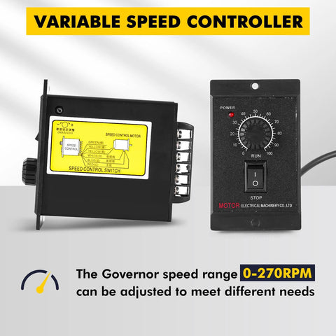 Front view of a 250W variable-speed motor with gearbox and bracket; black control unit with a yellow label and a separate dial speed controller.