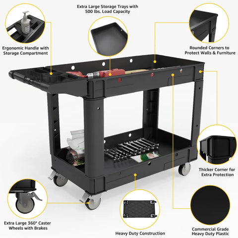 Heavy Duty Two Shelf Utility Cart On Wheels For Warehouse Office Restaurant And Garage Commercial Grade Rolling Trolley With Large Platform And Easy Glide Casters Ideal For Tools And Supplies And Heavy Loads